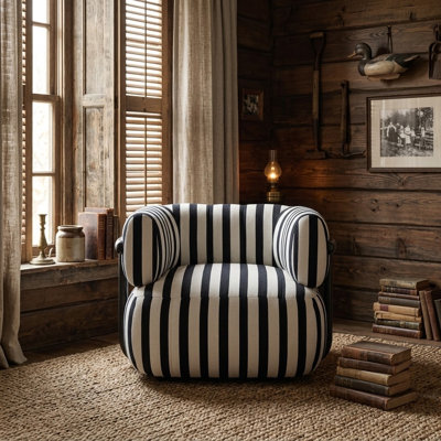 Striped Upholstered Barrel Chair with Fixed Back & Armrest