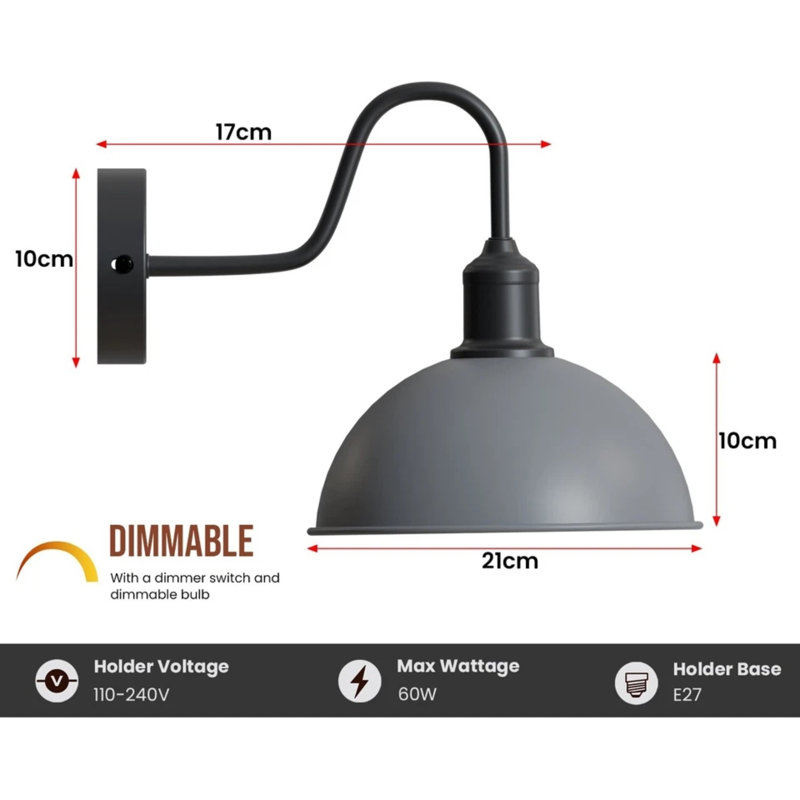 Modern Industrial Vintage Dome Wall Sconce – Fixed Curved Arm Metal Light for Bedroom, Hallway, Living Room, and Office., Yes