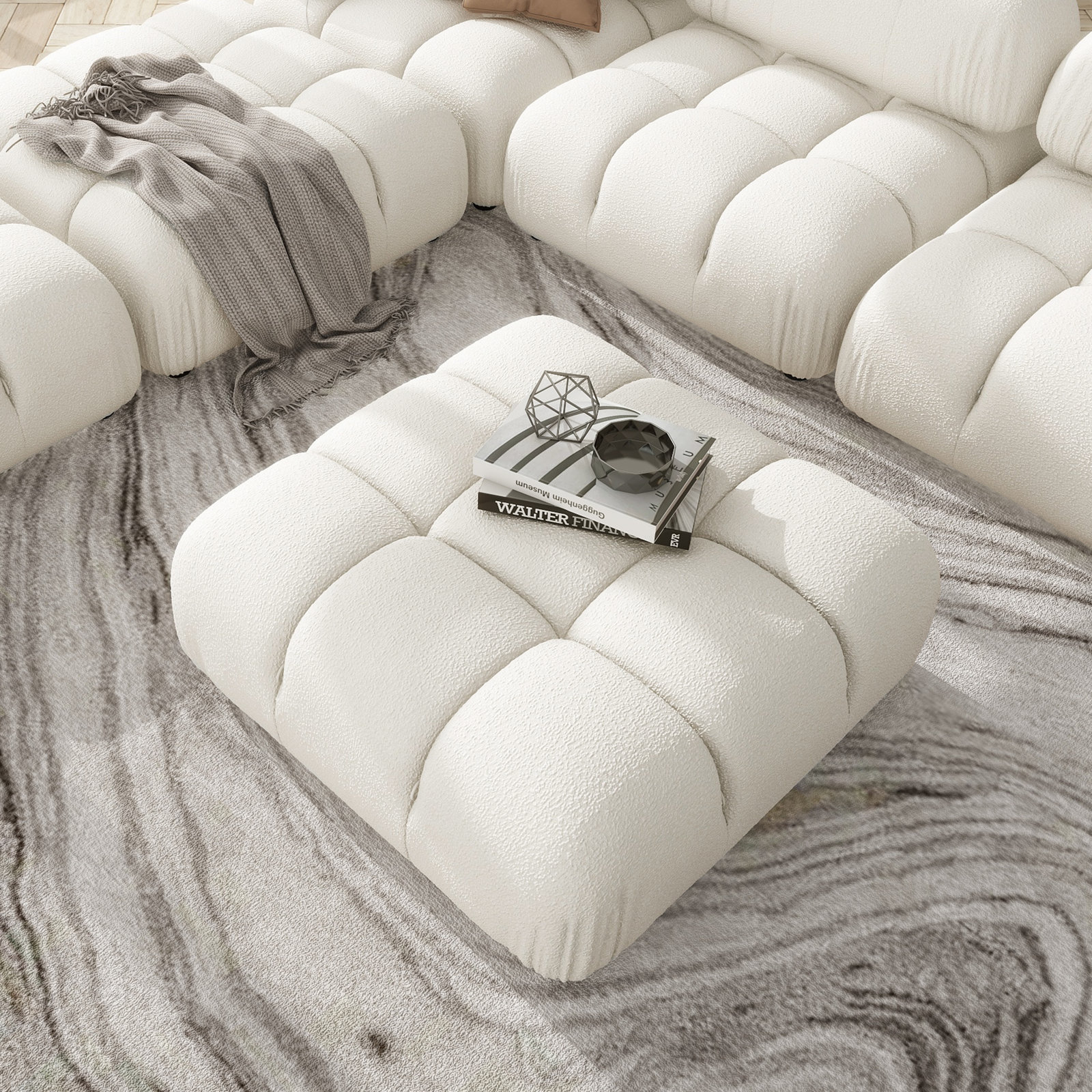 Reva 36" Ottoman, Ivory Boucle