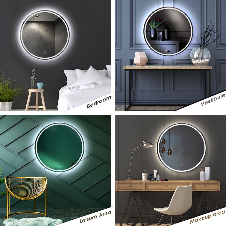 KWW Large Modern Round Illuminated Dimmable LED Anti Fog Makeup Bathroom  Vanity Mirror & Reviews