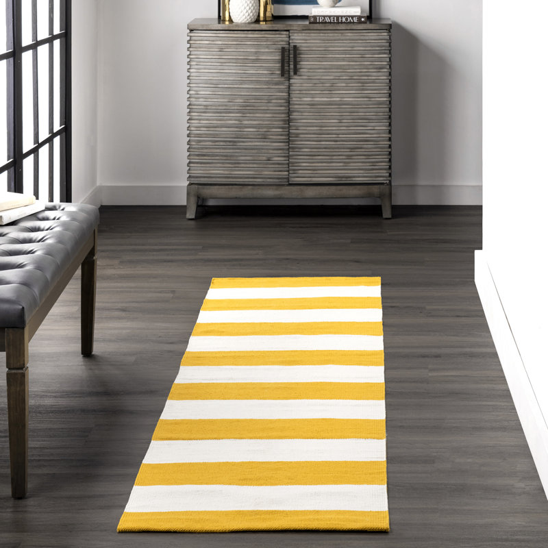 Tapis décoratif à rayures en coton blanc/jaune Connor-Joe, Tapis de couloir 2 pi x 6 pi