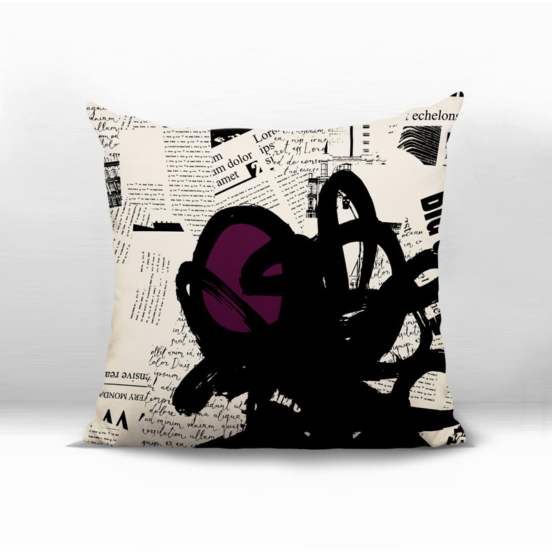 Coussin Cena, H 19 po x l 19 po, Mauve / noir / blanc cassé abstrait