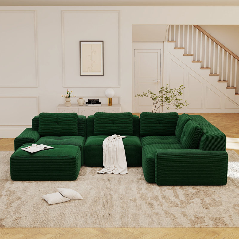 Ensemble de salon modulaire 4 places avec repose-pieds, canapé modulaire en velours côtelé profond, sans assemblage, vert émeraude