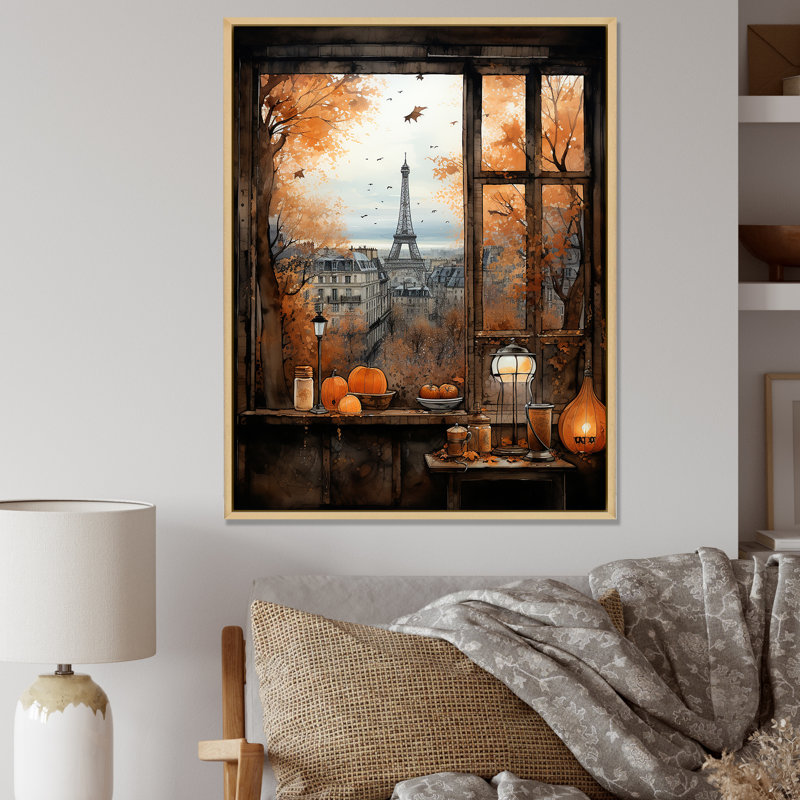 «Retro Paris Window View 5 - City Paris», art mural, Cadre flottant brun, H 44 po x l 34 po x P 1,5 po