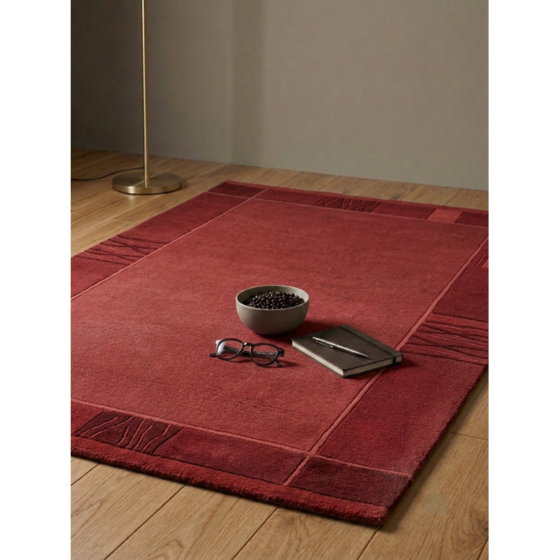 Tapis d'intérieur rectangulaire Tibbati contemporain en laine rouge pâle fait à la main, Rectangulaire 6 pi 7 po x 9 pi 10 po
