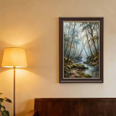 Art mural antique sur toile encadré doré pour le salon, la chambre à coucher, le bureau ou le vestibule - Décoration murale décorative avec ruisseau de forêt