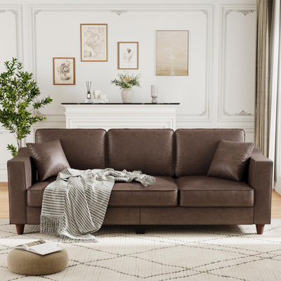 85 Inches 3-Seater Sofa Couch with 2 Throw Pillows, Faux Leather Couch with Wide Armrests , Wood Legs, Deep Seats, Back Cushion, Sturdy Support Feet, Sofa Couches for Living Room, Office