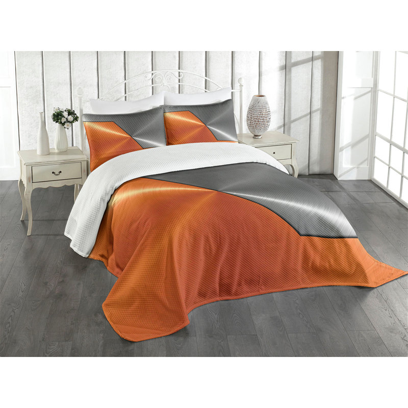 Queen Size Orange and Gray Quilted Polyester Bedspread Set