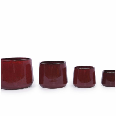 Handmade Ceramic Flower Pot Set of 4, 7/9/11/14 Inch Diameter, Deep Red Speckled Glaze for All Flowers, Indoor/Outdoor Use on Windowsill & Bookshelf, Breathable Clay