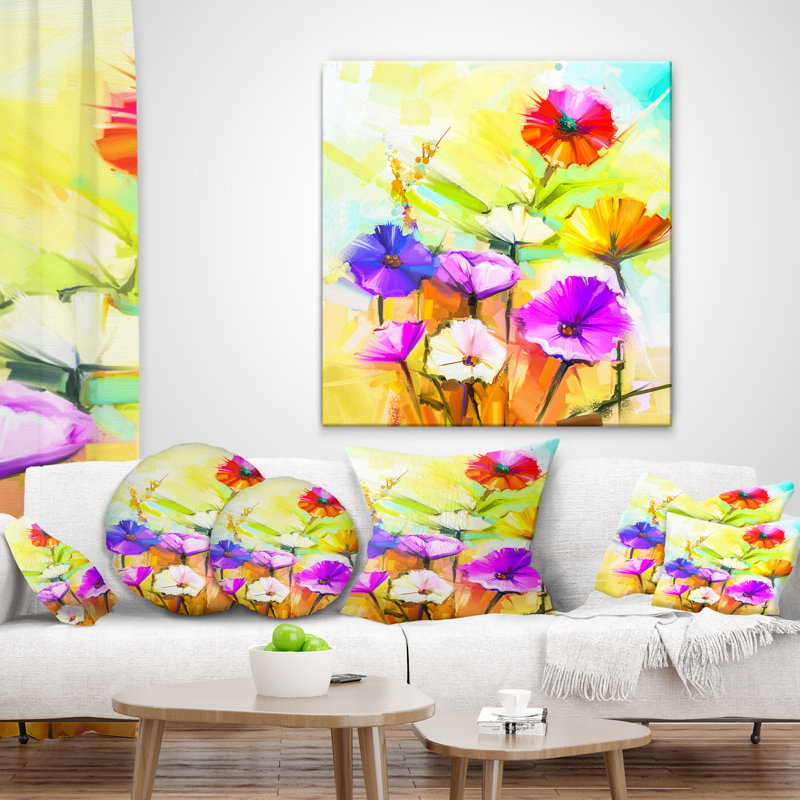 Fleurs colorées de gerbera - coussin à imprimé floral, 16 po x 1 po, Coussin décoratif
