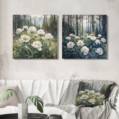 Pivoines dans la forêt alpine I - décoration murale pivoines - art mural traditionnel 2 pièces
