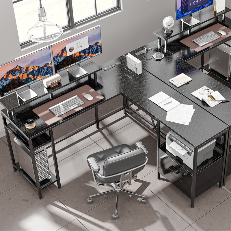 Kymberlyn 54" Reversible L Shaped Computer Desk with Power Outlets, LED Lights, Storage Shelves & File Cabinet, Black