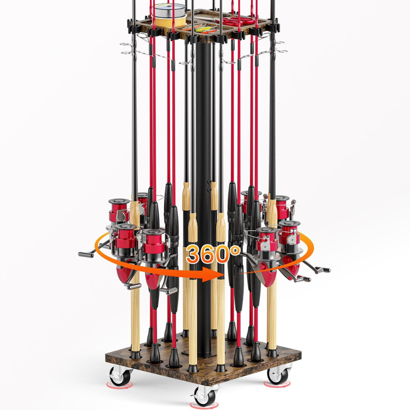 Fishing Rod Rack for 16 Poles - 360° Rotating Base with Casters, Brown