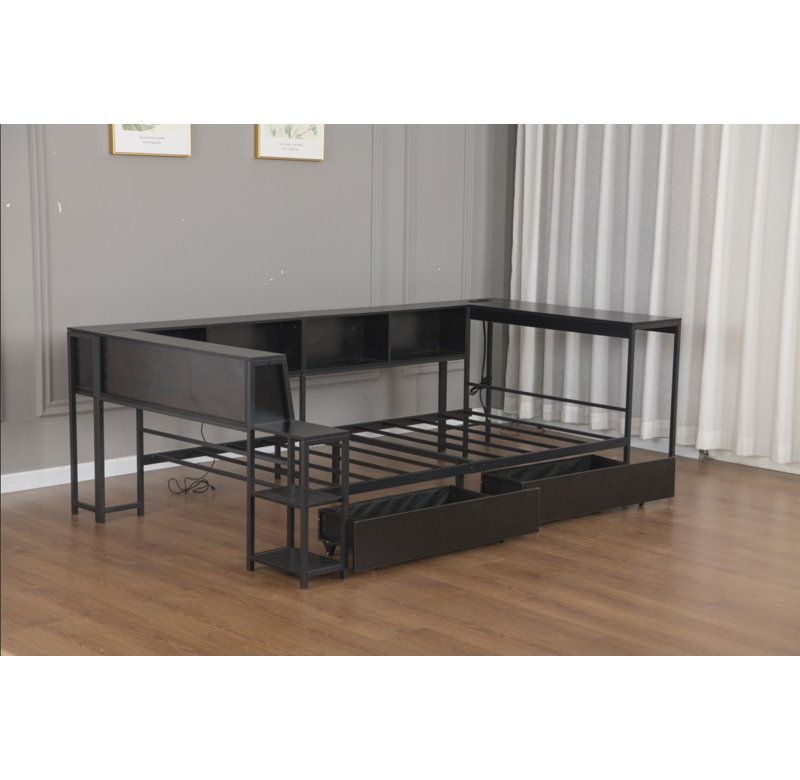 Full Size Corner Bed Frame with Bookcase, 2 Underbed Storage Drawers, LED Light & Charging Station, Black, Full/Double, Black