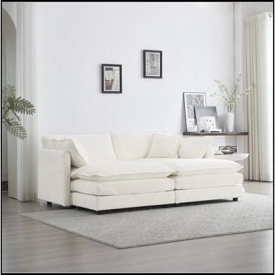 4 - Piece Upholstered Sectional Sofa, 1 - Piece of 2 Seater Sofa and 2- Piece of Ottomans , 2 Seater Loveseat Lounge with Ottomans , White Chenille
