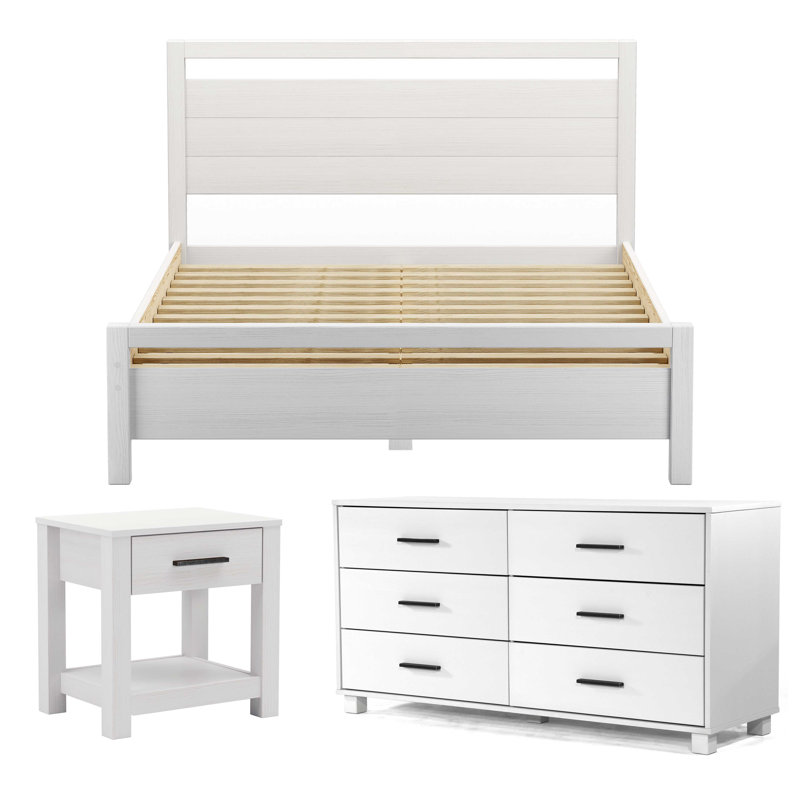 Loft Solid Wood Piece Bedroom Set, Brushed White, 4 Pieces: 1 Bed, 2 Nightstands, 1 Dresser, Queen