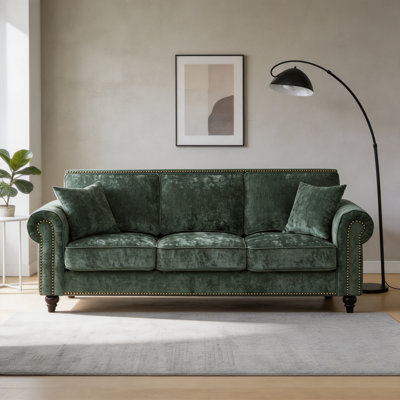 86" Modern 3-Seater Sofa with Rolled Arms, Chenille Upholstered Couch with Wood Legs and Nailhead Trim for Living Room, Apartment(GREEN)