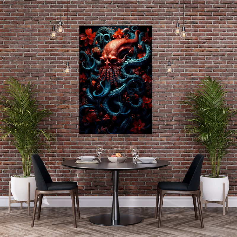 Pieuvre rouge, fleur sombre, gothique, éclatant, pieuvre contemporaine, océan, fleur, art mural, H 60 po x l 40 po