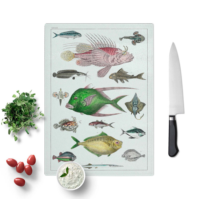 Tempered Glass Various Fishes Xxxiii by Oliver Goldsmith Chopping Board, 20 cm W x 28.5 cm L