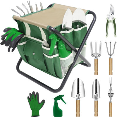 10-Piece Green Garden Tool Set with Folding Stool & Detachable Tote, Stainless Steel