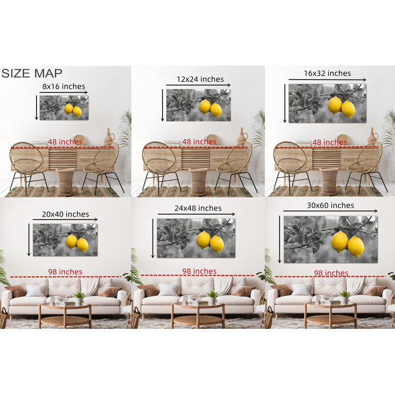 Art mural sur toile de grande cuisine rustique de style campagnard citron - Branche noire et blanche et décoration murale pour les cuisines et les salles à manger, impression sur toile avec cadre en pin élégant, 30 po x 60 po