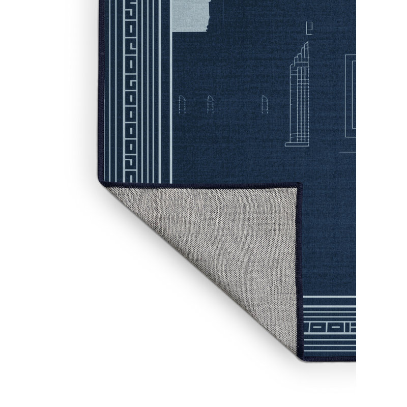 Machine Washable Parez Angkor Wat Cambodia Global Inspired Block Print Rug in Gray – Navy Binding, 3x5