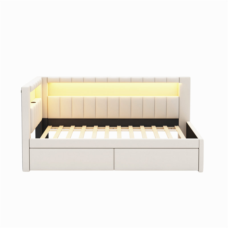 Upholstered Twin Size Platform Bed with USB Ports and LED Belt, With 2 Drawers, White