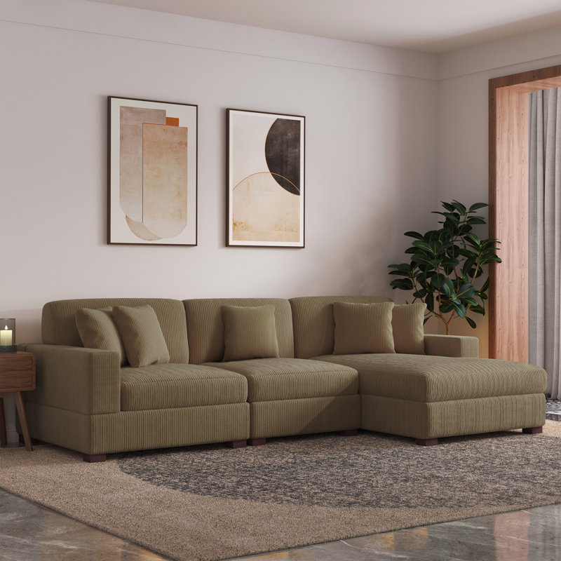 Milbrey 3-Piece Corduroy Modular Sectional with Loose Back, Right Hand Facing, Camel Corduroy