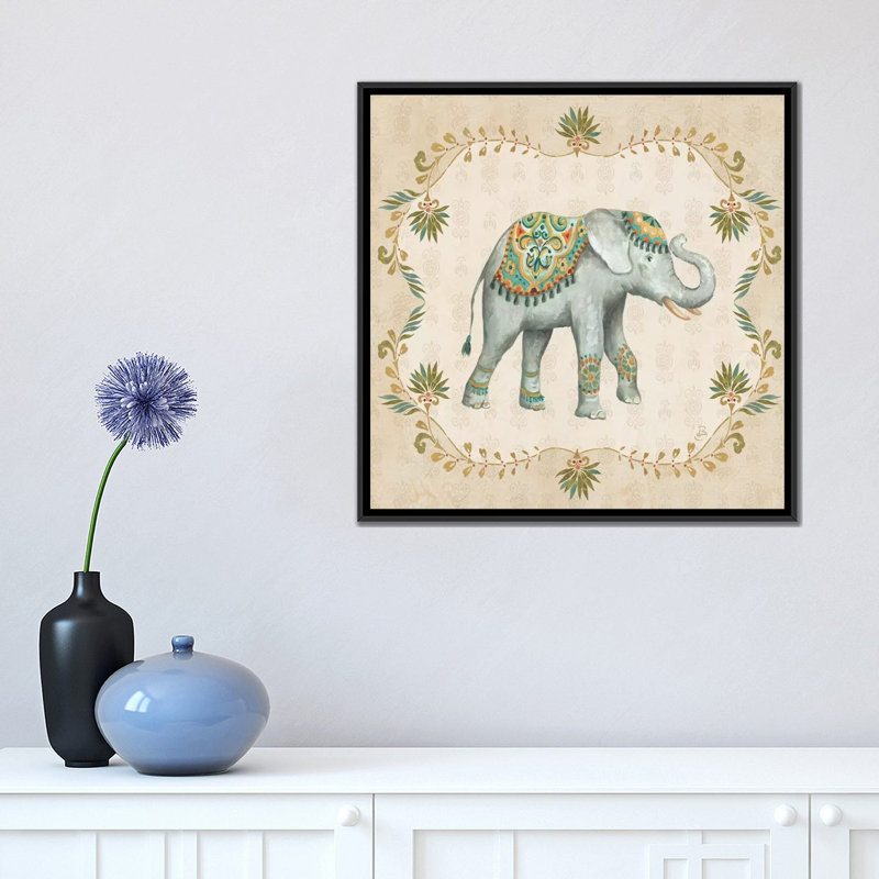 « éléphant walk iv », impression sur toile tendue, H 18 po x l 18 po x P 1,5 po, Toile avec cadre noir, Pas de tapis