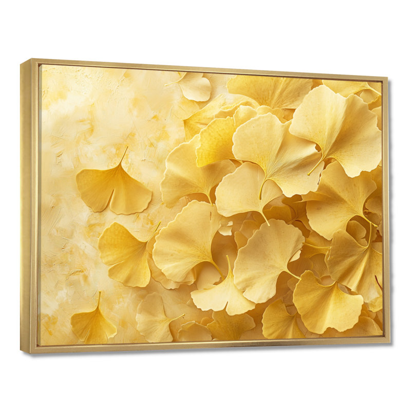 Golden Ginkgo Leaves Harmony III - feuilles, art mural, Impression encadrée flottante, H 24 po x l 32 po, Doré