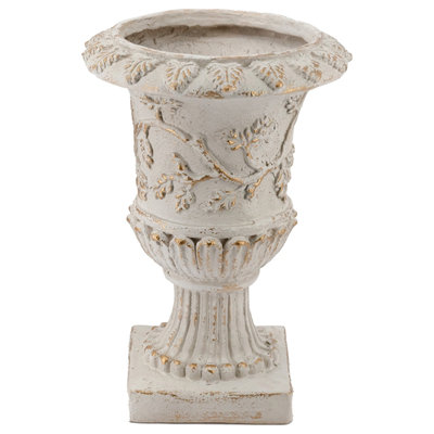 Ornate Carved Magnesium Urn Planter, Distressed White Finish, 14" x 14" x 20.3" Decorative Outdoor Indoor Plant Pot