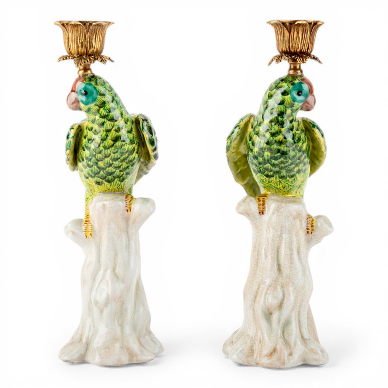 Porcelain Green Parrot Candleholder Pair with Bronze Ormolu