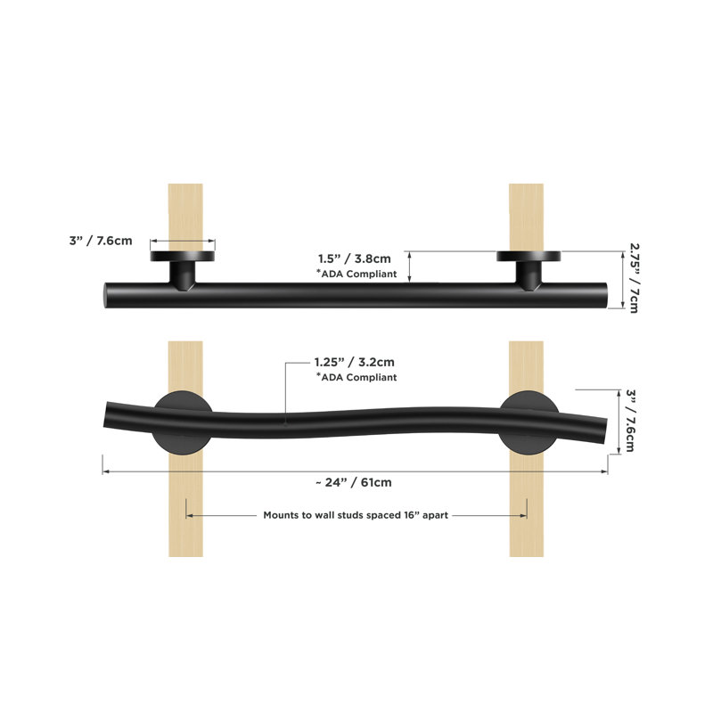 (2x Pack) Wave Grab Bar (24in), Left and Right Orientation, Matte Black