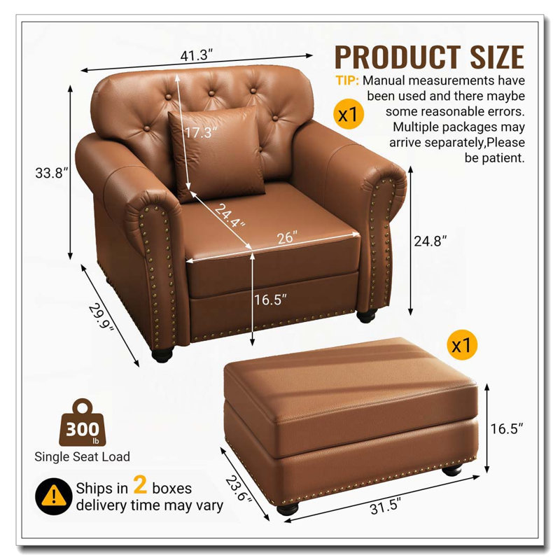 Chaise rembourrée 41,3 po, Brun avec repose-pieds, 1