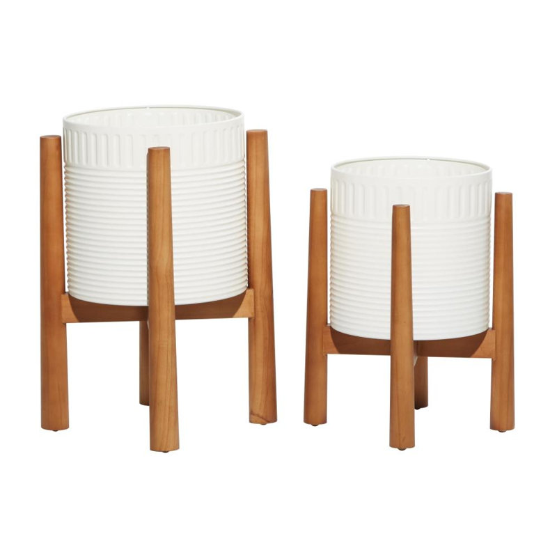 2 Piece Metal Indoor Outdoor White Planter with Removable Wood Stand Set, White