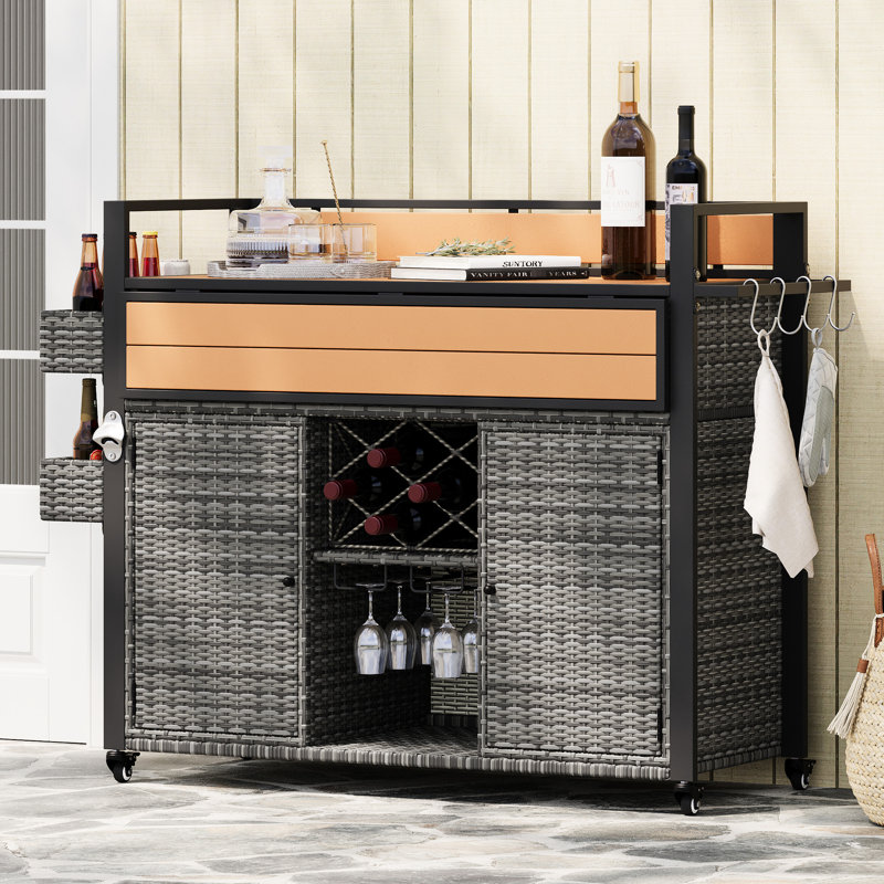 52.8"w Outdoor Grill Cart With Weather - , Wood Table, Foldable Desktop, Ample Storage, Wine Bottle Holder Grey Rolling Steel Frame, Extended Table Top, Hidden Rack