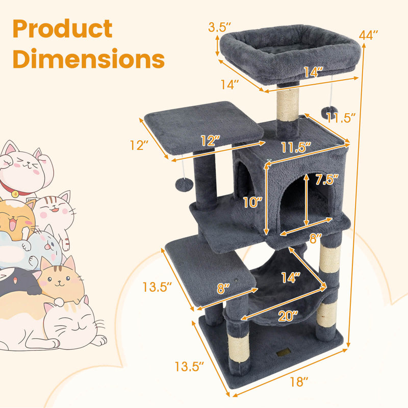 44” Tall Multi-level Cat Tree with Cushion Top Perch, 2-Entrance Large Cat Condo Dark Grey, Dark Grey