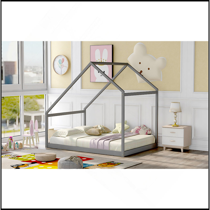 Lit maison en bois, Lit double, Gris
