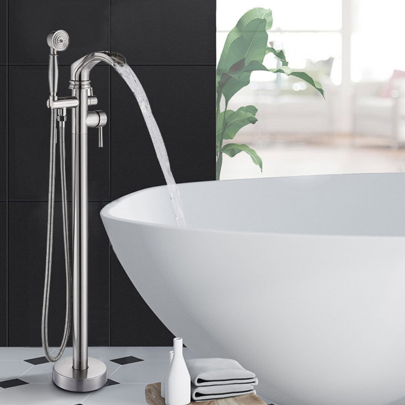 Robinet de baignoire à fixation au sol avec inverseur et douchette, Nickel brossé