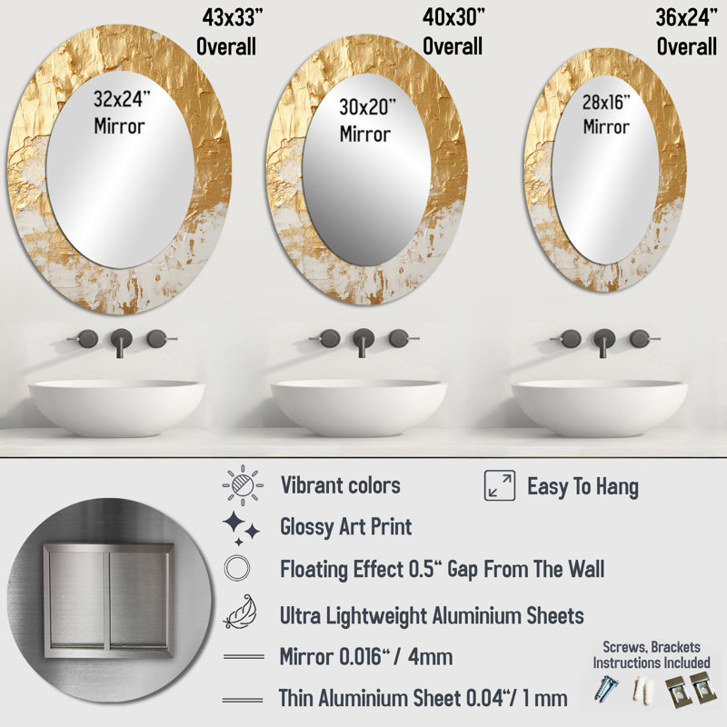 Gentle Abundance Retro Gold Abstract I - Gold Modern Oval Wall Mirror, 36" x 24"