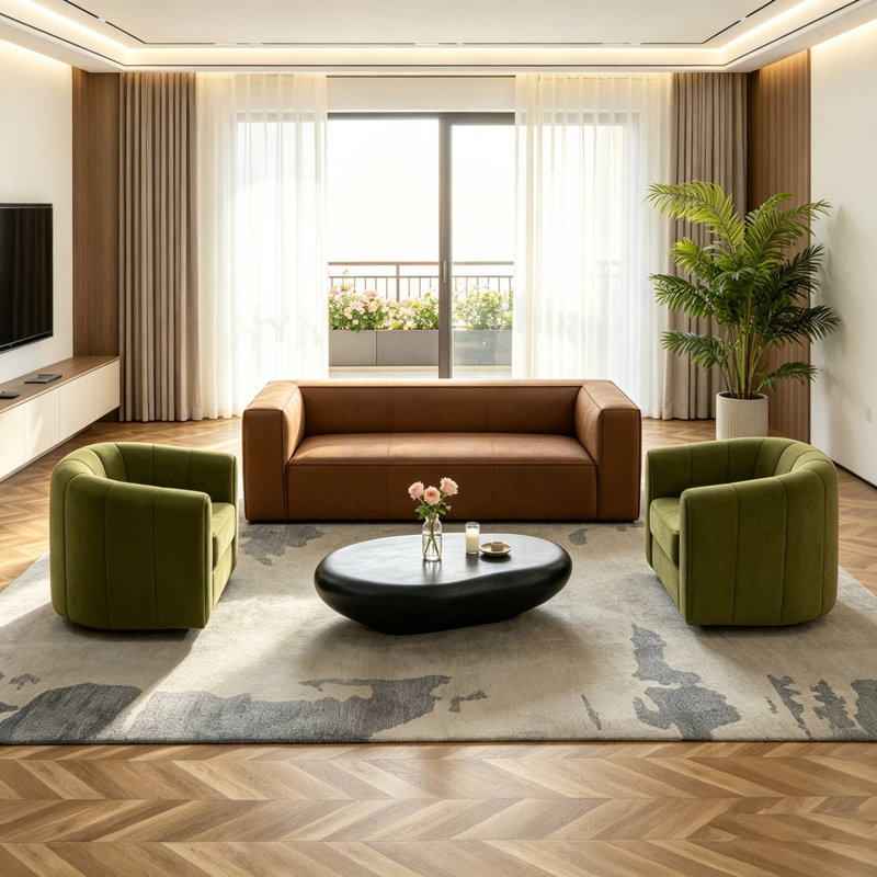 Ensemble de salon 3 pièces 4 places, canapé moderne en cuir de 234 cm et 2 fauteuils pivotants à 360° en velours olive pour le salon et la réception