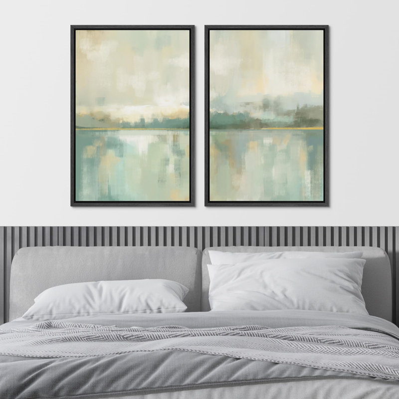 «Sage Green & Tan Lake», paysage abstrait, art mural, œuvre d'art, Calm Relax, 2 pièces, Noir, H 24 po x l 16 po