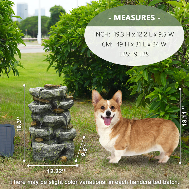  Solar Water Fountain Outdoor Garden, 19.3 Inch Cascading Stone Design 5 Tier Rock Feature Outdoor Fountains Waterfalls With Light, Pump Solar Panel For Patio, Deck, Porch, Backyard Home Décor