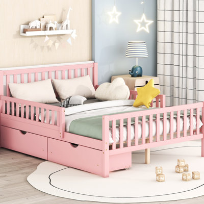 Lit plateforme en bois rose avec garde-corps et tiroirs