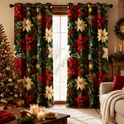 2 pièces rideaux bloquant les poinsettias festifs, œillets isolants thermiques à motif floral des Fêtes de Noël pour le salon, la chambre et la décoration intérieure