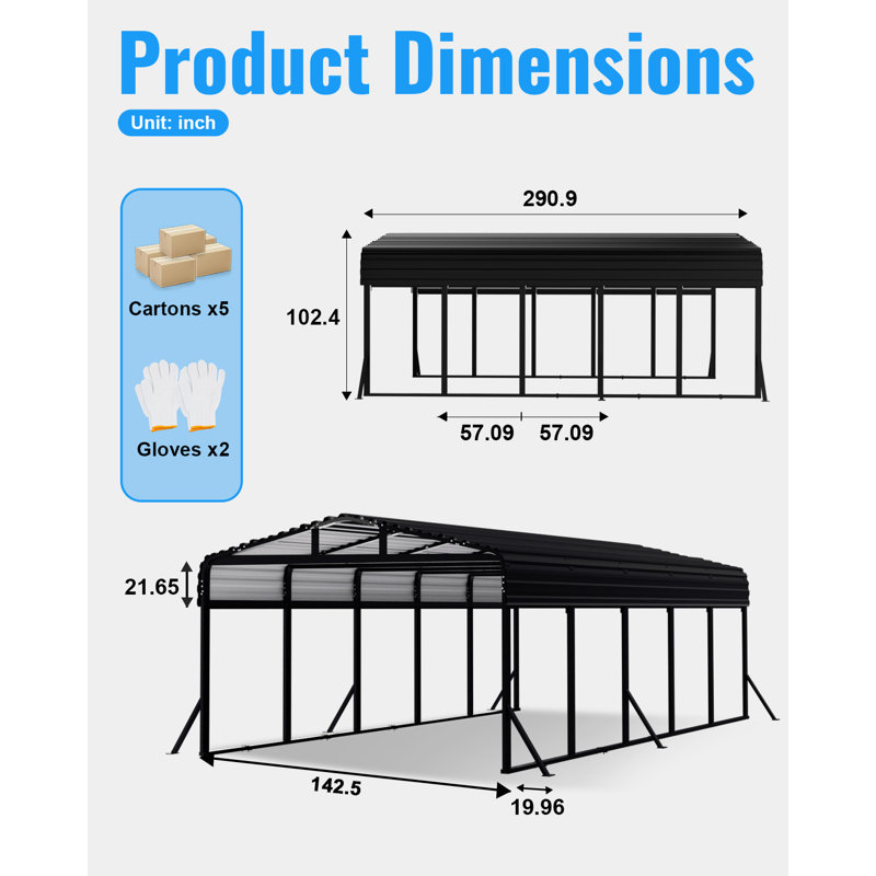 12 ft. W x 25 ft. D Heavy Duty Metal Carport, Outdoor Carport Canopy With Iron Roof, Durable All-Weather Carport For Cars, Trucks, Boats & Outdoor Equipment, Easy Quick-Install Assembly