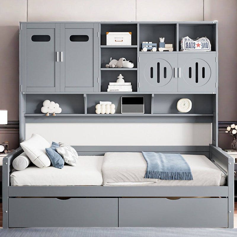 Lit de jour en bois tout-en-un Bellinger avec 2 tiroirs, armoires et tablettes, Gris, Lit simple