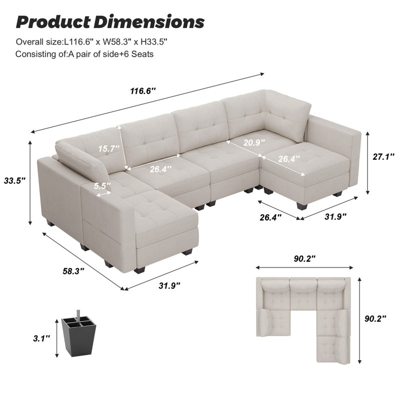 Buckleton 116.6'' Wide Tufted Velvet Sectional Sofa Reversible Modular Couch with Storage Ottoman, Beige Velvet