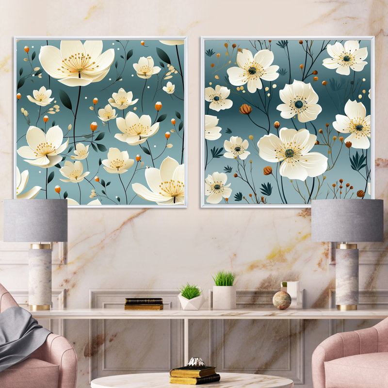 Artèmesia - Ensemble de 2 collages floraux carrés, Cadre flottant blanc, H 36 po x l 73 po