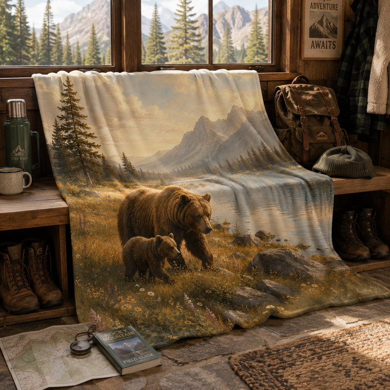 Couverture en flanelle à motif ours grizzly et son ourson, lac de montagne et prairie fleurie, imprimé animalier pittoresque pour canapé, lit, chalet, gîte, 127 x 152 cm